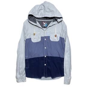 Modern Amusement Blue Color Block Hooded Button LS Shirt Mens S Nautical Preppy